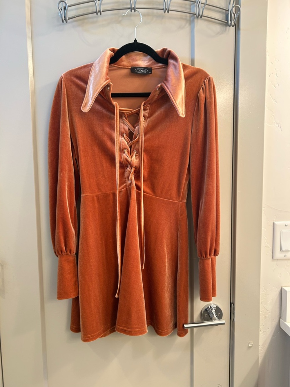 Cider Rust Velvet Lace-Up Collar Mini Dress